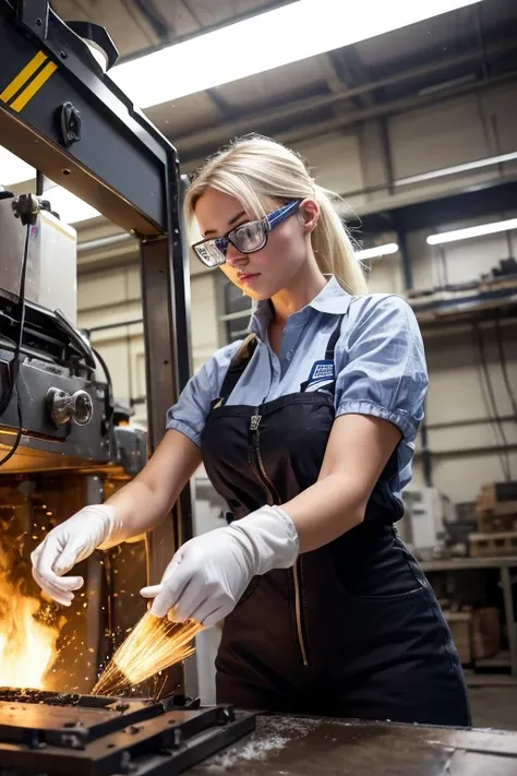 1 American white girl, gloves、blonde hair, Safety Protective Glasses、A female worker operates an old hydraulic injection molding machine to derive molding conditions. cowboy shot, 