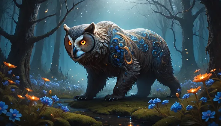 Horror-themed The concept in the image portrays a giant mystical creature, like a mix between a bear and an owl, owlbear with large,  orange eyes and elongated ears that seem to be bright white. The creature is surrounded by an ethereal atmosphere with flo...