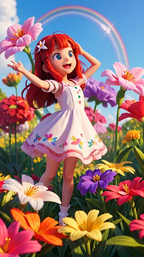 3d animation,motion, personality: The flowers in the garden blooming in a rainbow of colors, filling the air with a sweet fragrance as Lily smiles in amazement. unreal engine, hyper real --q 2 --v 5.2 --ar