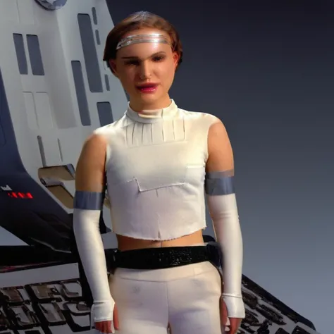 Beautiful Photo of padme woman sitting in a star wars ship,looking at camera,white top and pants, braid ponytail,full body shot,depth of field, dramatic lighting shadow, high quality, solo, high quality