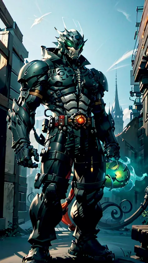 A man wearing a full-face helmet, a fantasy-style biotech armored combat suit, green eyes, (a composite layered chest armor), fully enclosed shoulder guards, matching arm and leg guards, the belt is adorned with dragon claw grasping orbs, (primarily black ...