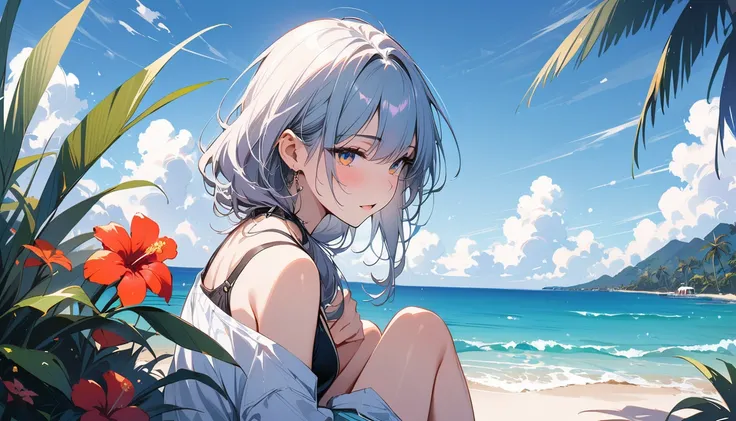 (masterpiece, Highest quality:1.2), 1 Girl, alone,Eyes open,I have a book,Tropical atmosphere,Ocean