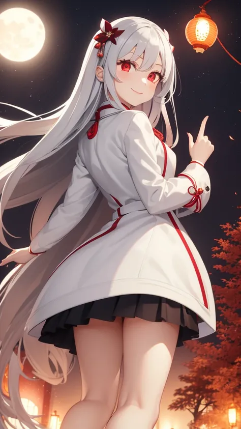 1 girl, silver hair, red eyes, white skin, smile, long hair, floating in the air, short jacket, short skirt, holding a lantern, Chinese lantern, night, moon