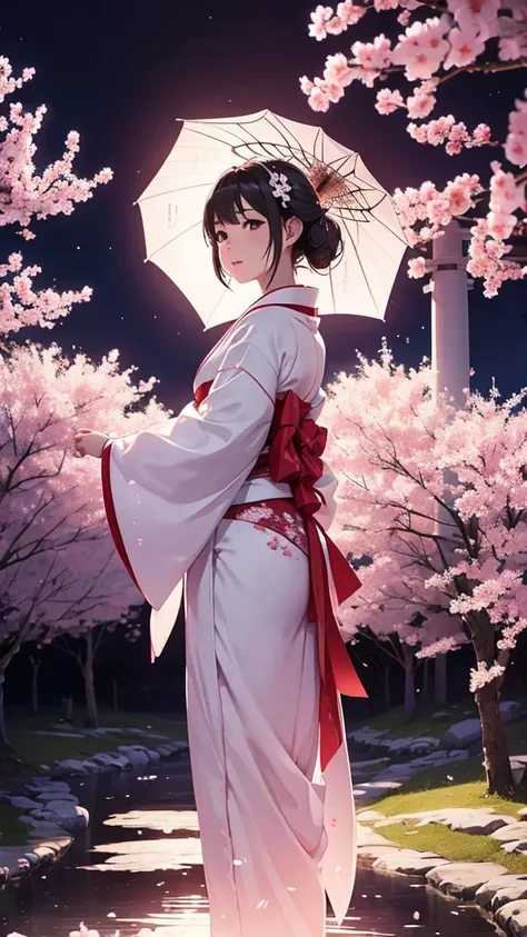 white without dirt　Japanese kimono bride　Apparition　cherry blossoms　Best Quality, Masterpiece, Ultra High Resolution, (Realisticity: 1.4), Original Photo, Cinematic Lighting