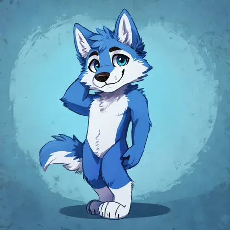 a anthropomorphic blue colored fur wolf, closed smile, high quality furry art, high quality fursona ref.