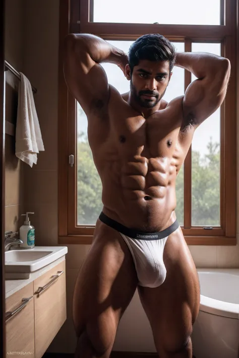 Indian man in jock strap underwear standing in a bathroom with a window, muscular!, shirtless, attractive and good looking, handsome man, muscular!!, very attractive and beautiful, muscular!!!, [ rigidly defined abs ]!!, of a shirtless, ayan nag, handsome,...