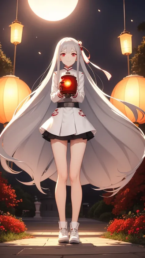 1 tall girl, silver hair, red eyes, white skin, smile, long hair, floating in the air, short jacket, short skirt, holding a lantern, Chinese lantern, night, moon