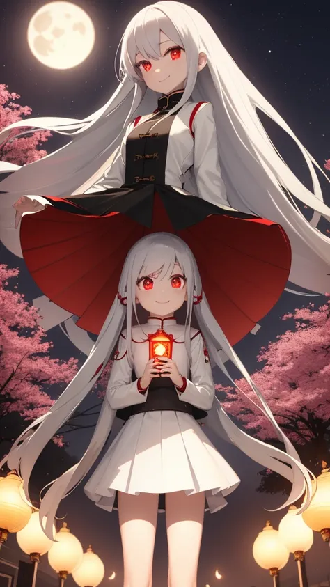 1 tall girl, silver hair, red eyes, white skin, smile, long hair, floating in the air, short jacket, short skirt, holding a lantern, Chinese lantern, night, moon