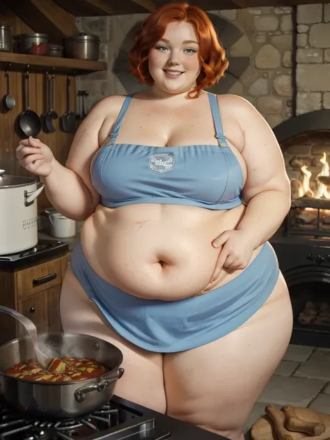 A happy photo of a young beautiful redhead bbw with short ginger hair soft fat belly, wide fat obese hips, thick fat legs and fat arms, cute pretty face, blue eyes, freckles, in underwear and cooking apron, cooking goulash in a cauldron with a fire place b...