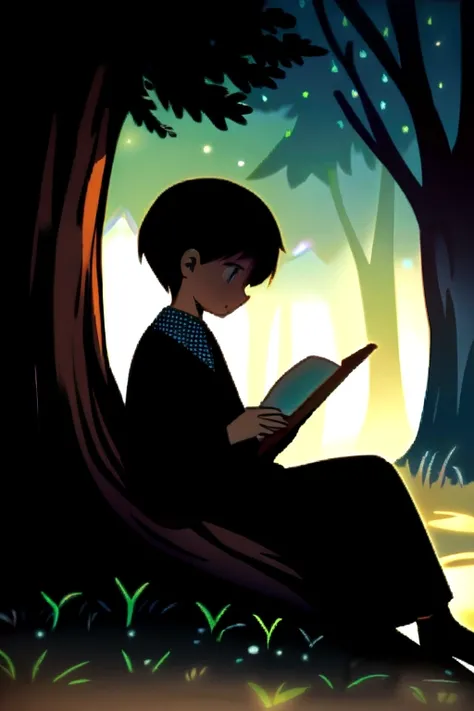 A young boy sitting under a tree, engrossed in reading a book with a look of curiosity and fascination on his face.