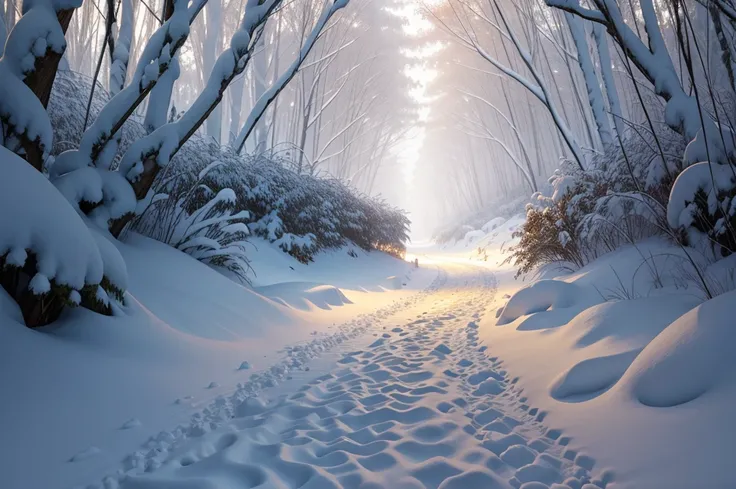 a foot path through the jungle covered in snow, soft light