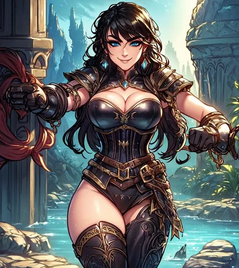 (((Solo character image.))) (((Generate a single character image.))) Dark fantasy art, (((Dark, night time background.))) (((Strong elements of dark medieval fantasy.))) Art style by J Scott Campbell.  (((Charcter looks like Melissa Dettwiller.))) Looks li...