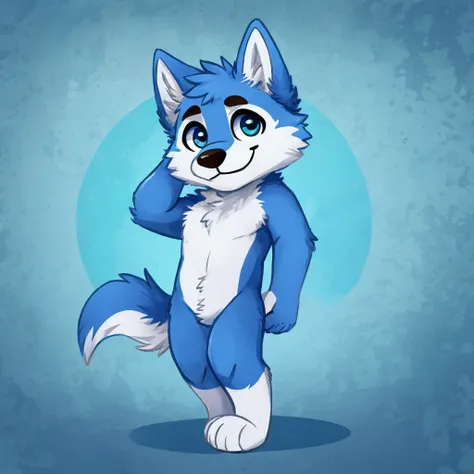 a cute and anthropomorphic blue colored fur wolf, closed smile, high quality furry art, chibi style, high quality fursona ref.