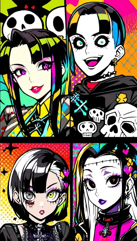 Black Hair、Black Feather、Gothic Punk、sit ,anime zombie witch design, crossbones, skulls, street wear design, pro vector, Horror style, full design, 6 colors only, solid colors, no shadows, full design, sticker, bright colors, white background.super fine il...