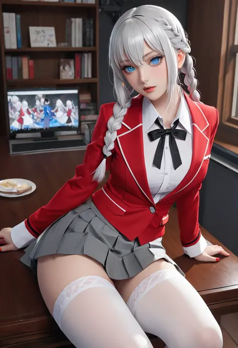 "1 girl, incredibly detailed 8k computer graphics, perfect model, mesmerizing idol, Stunning face, unearthly beauty, virgin white hair, ring braids, Charming Blue Eyes,  Kakegurui ,  red blazer, White shirt, pleated gray skirt,  white tights, sat on the ta...