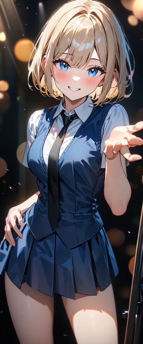 (((One girl))), blond hair, bob cut, (cowboy shot), (looking at viewer), face in focus, teenager, head tilt:1.3, (((blue eye))), ((happy smile)), ((blush)), contrapposto, one hand on hip, school summer uniform, white shirts, ((black tie under the waistcoat...