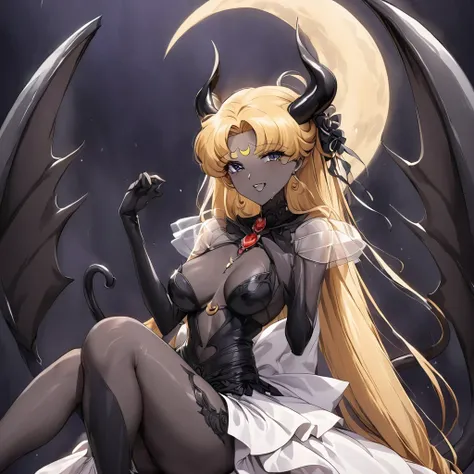 ((Highest quality)), ((masterpiece)), (detailed), （Perfect Face）、The woman is the Dark Queen of the Black Moon of the Black Moon Clan, the Demon Queen Black Serenity, and the woman is the sexy, jet-black-skinned demon princess Serenity.、The woman is a jet-...