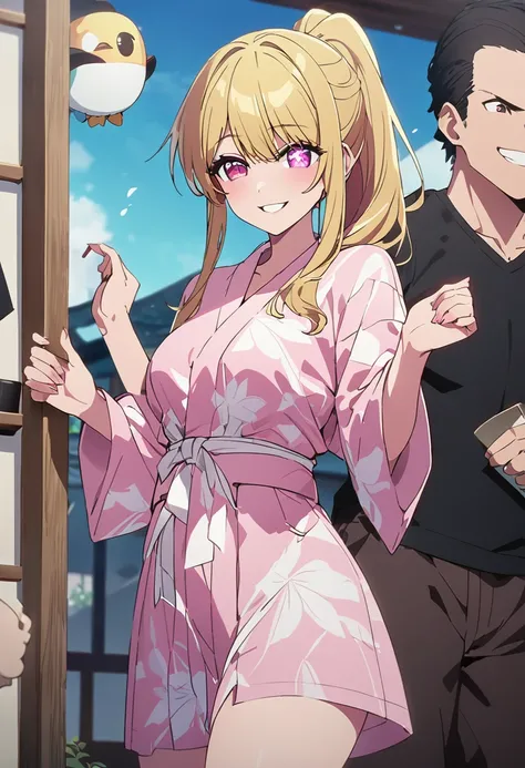 Blonde、Fluttering figure、yukata、Highest quality、high resolution、8K,Highest quality、Star-shaped pupil、The best smile、long hair、Pink Eyes、ponytail、Cowboy Shot、One person