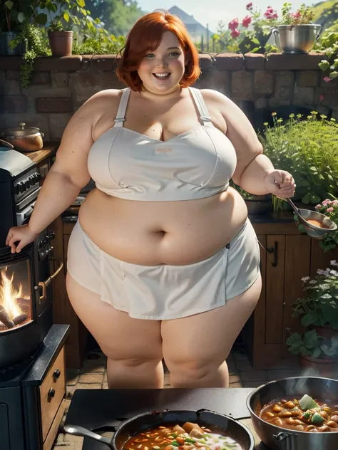 A happy photo of a young beautiful redhead bbw with short ginger hair soft fat belly, wide fat obese hips, thick fat legs and fat arms, cute pretty face, blue eyes, freckles, in underwear and cooking apron, cooking goulash in a cauldron with a fire place b...