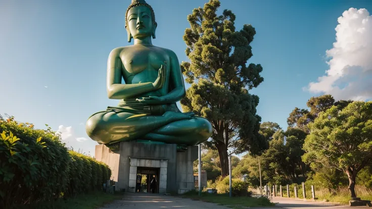 Big Buddha statue in the distance, Stone,mossy atmosphere, high goals, majestic, Sunlight background，pilgrims on the road,Sunset，Alien science fiction style