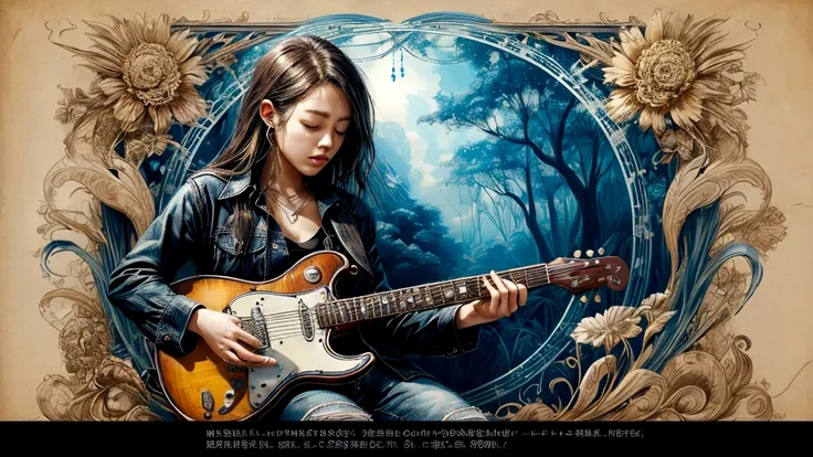 Draw a music festival poster，Playing blues guitar，Musical note elements