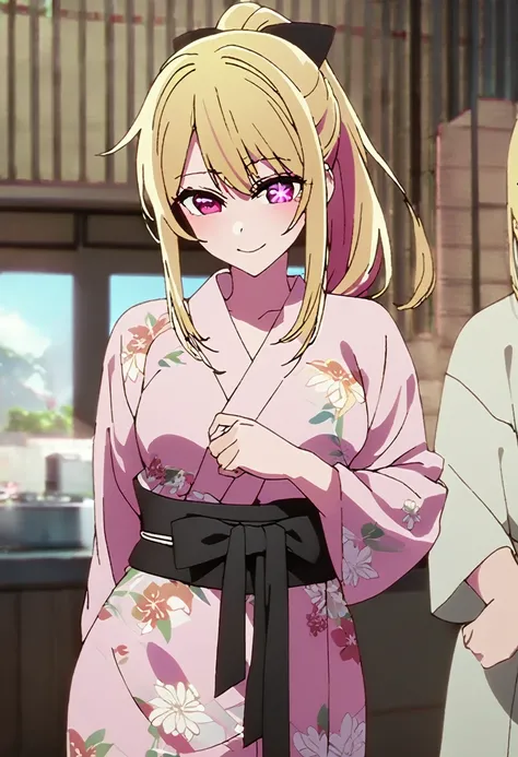 Blonde、Yukata with open front、Highest quality、high resolution、8K,Highest quality、Star-shaped pupil、The best smile、long hair、Pink Eyes、ponytail、Cowboy Shot、One person