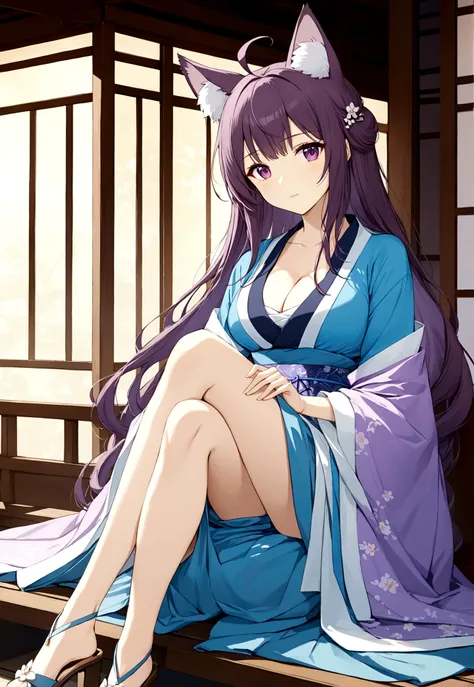 1girl, solo, long hair, breasts, animal ears, cleavage, sitting, purple eyes, purple hair, ahoge,hanfu, kimono, crossed legs