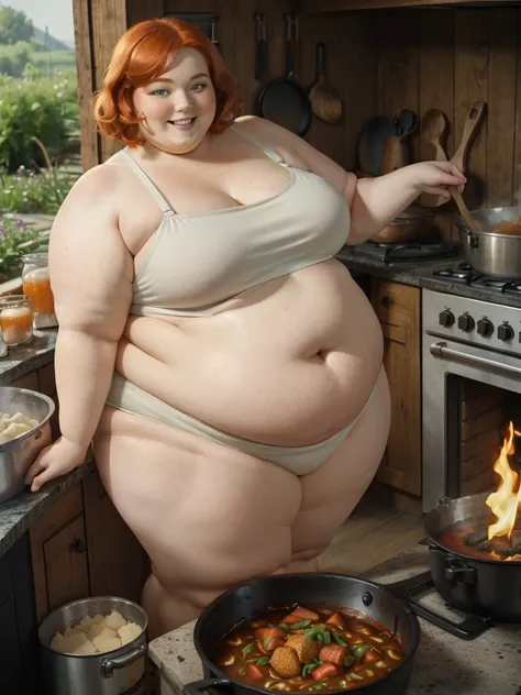 A happy photo of a young beautiful redhead bbw with short ginger hair soft fat belly, wide fat obese hips, thick fat legs and fat arms, cute pretty face, blue eyes, freckles, in underwear and cooking apron, cooking goulash in a cauldron with a fire place b...