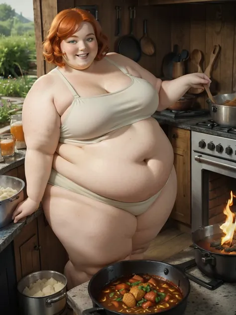 A happy photo of a young beautiful redhead bbw with short ginger hair soft fat belly, wide fat obese hips, thick fat legs and fat arms, cute pretty face, blue eyes, freckles, in underwear and cooking apron, cooking goulash in a cauldron with a fire place b...