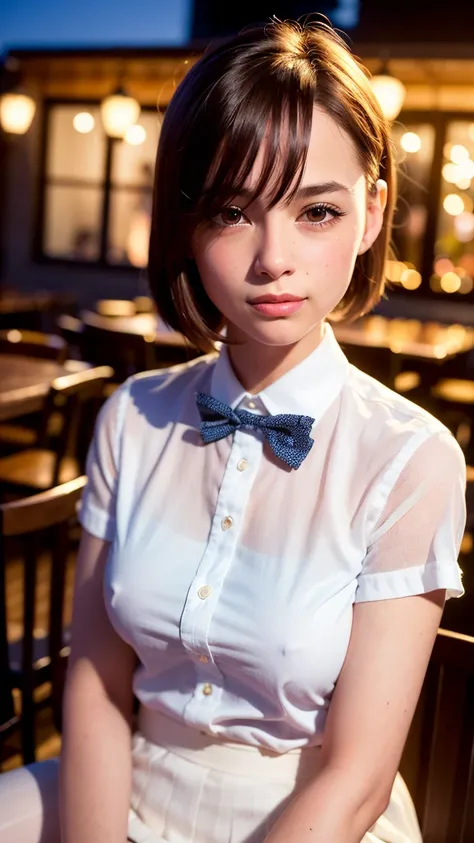 (8k, RAW photo, best quality, masterpiece:1.2), (realistic, photo-realistic:1.37), ultra-detailed, 1 girl,cute, solo,beautiful detailed sky,detailed cafe,night,sitting,dating,(nose blush),(smile:1.1),(closed mouth), medium breasts,beautiful detailed eyes,(...