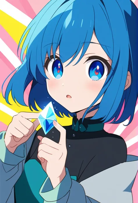 202s Anime, Blue hair bule eyes, girl, holding diamond