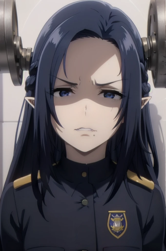 dark blue hair,,long hair,blue eyes,pointy ears,elf,Cute girl, (((policewoman, wearing police uniform))),((intenseglare, disgust, shaded_face, shadow_over_eyes, glaring, looking down at the viewer,cleanched teeth))