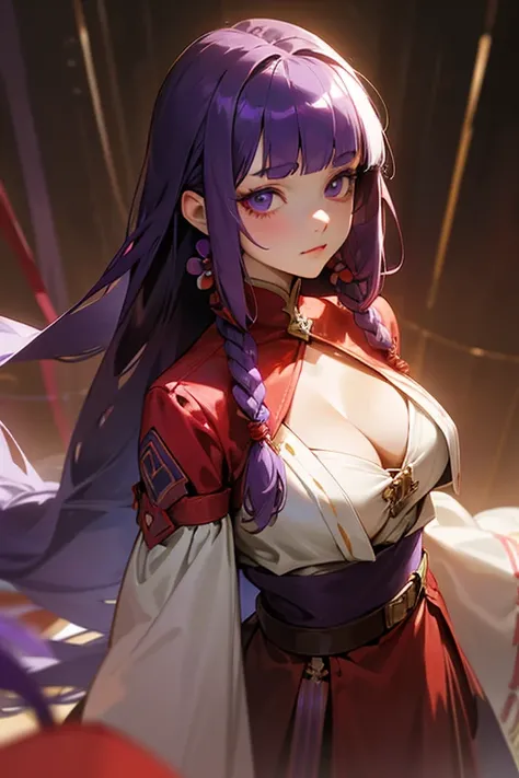 1 Girl, Blunt bangs, Braiding, Wide sleeves, hair ornaments, Red Belt, (Purple Hair:1.2), Very long hair, Straight hair, Looking at the audience, (Realistic:1.2), Beautiful Eyes, Red eyeshadow, Written boundary depth，thigh, (Urzan-6500:0.7), Upper Body, (a...