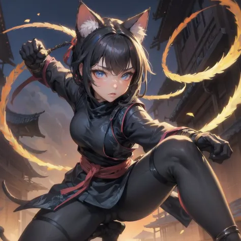  masterpiece, (textured skin), best quality, gorgeous beautiful girl, (a cat ears,cat tail), ninja,detailed clothes,large breasts,narrow waist,, (beautiful face), cinematic lighting, (fantasy anime art ),