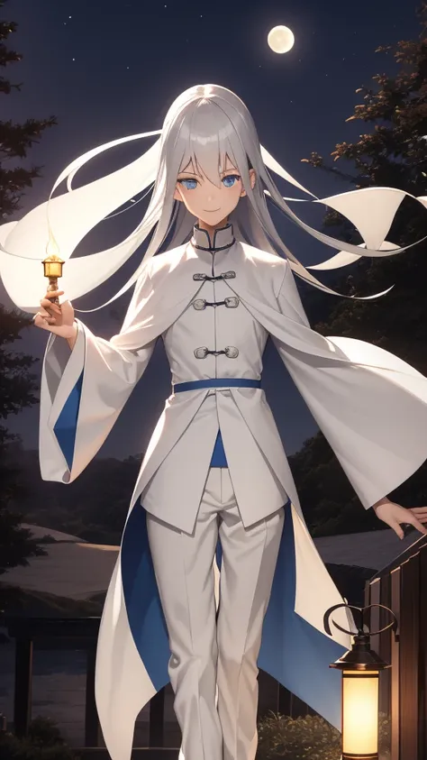 1 tall young man, silver hair, blue eyes, white skin, smile, long hair, floating in the air, short jacket, long pants, holding a lantern, Chinese lantern, night, moon