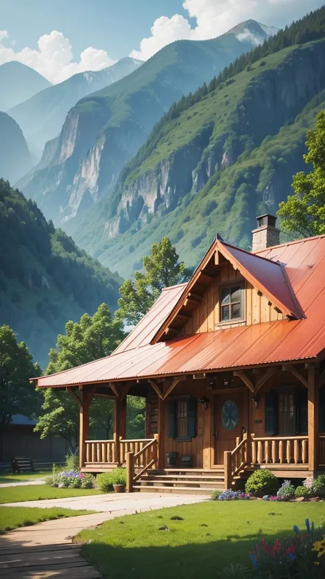 The image features two individuals standing in front of two charming, rustic cabins. The cabins are made of wood and have a distinctive, arched roof design. Each cabin has a front porch with steps leading up to it, surrounded by lush greenery and colorful ...