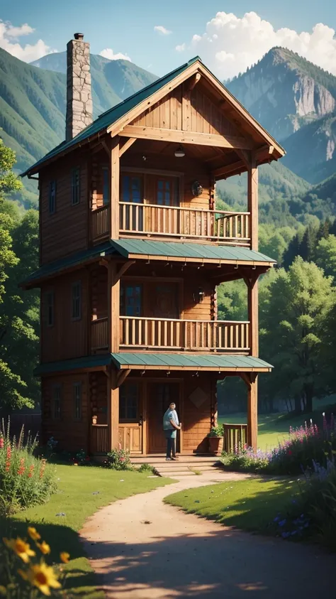 The image features two individuals standing in front of two charming, rustic cabins. The cabins are made of wood and have a distinctive, arched roof design. Each cabin has a front porch with steps leading up to it, surrounded by lush greenery and colorful ...