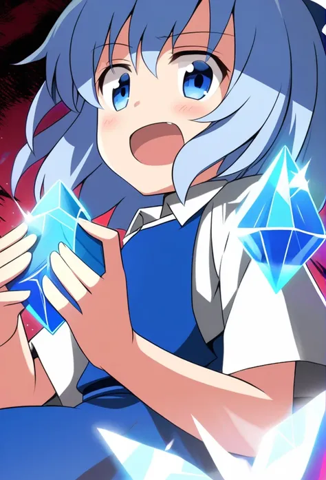 Touhou anime Blue hair blue eyes, girl, holding diamond, cirno, Touhou