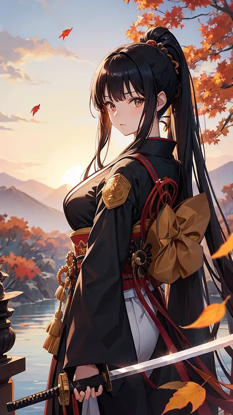 anime,Strange Beauty, alone, Long Hair, Black Hair, ponytail、Brown eyes, model, beautiful, Ｄcup,  Fantasy, autumn leaves、Japanese clothing、((Japanese sword))