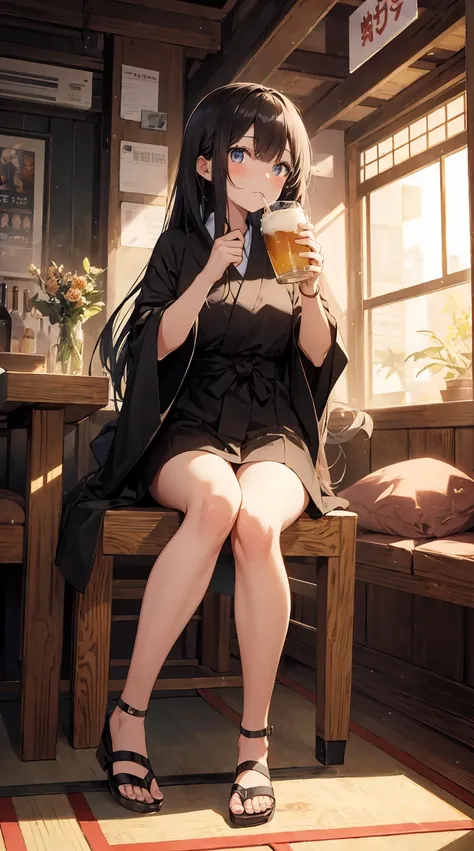 This illustration depicts a cute girl drinking beer at an izakaya. She holds a glass of beer in her hand and her eyes sparkle. The inside of the store is a traditional Japanese izakaya, with tatami mat floors and signs hanging on the walls. However, the mo...