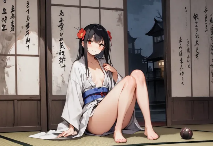 Show your loincloth、Thighs、Zashiki Warashi、Japanese style、Shoji screen、tatami、Haunted house、darkness、Late Night、kimono、Bob、girl、girl、young、Baby Face、Flat Chest、Long black hair、Dynamic Angle、A faint smile、Squint your eyes、ball、Flower Hair Ornaments、Clogs or...