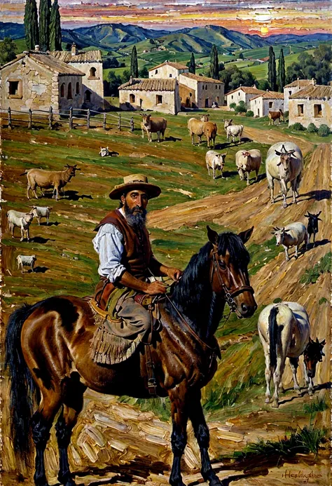 a spanish man painting a realistic painting of landscape of a village with herds and sunrise time on canvas
