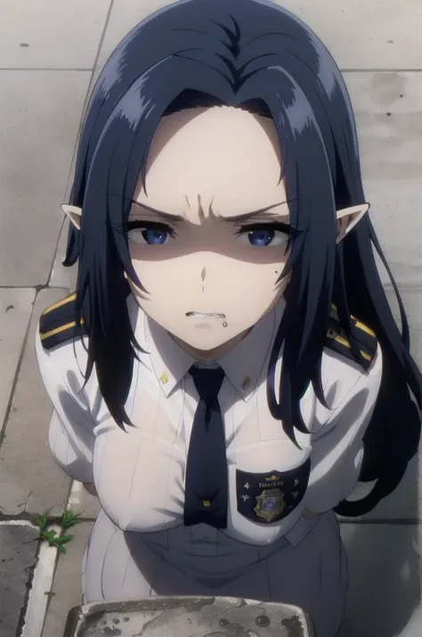 dark blue hair,,long hair,blue eyes,pointy ears,elf,Cute girl, (((policewoman, wearing police uniform))),((intenseglare, disgust, shaded_face, shadow_over_eyes, glaring, looking down at the viewer,cleanched teeth)),full body
