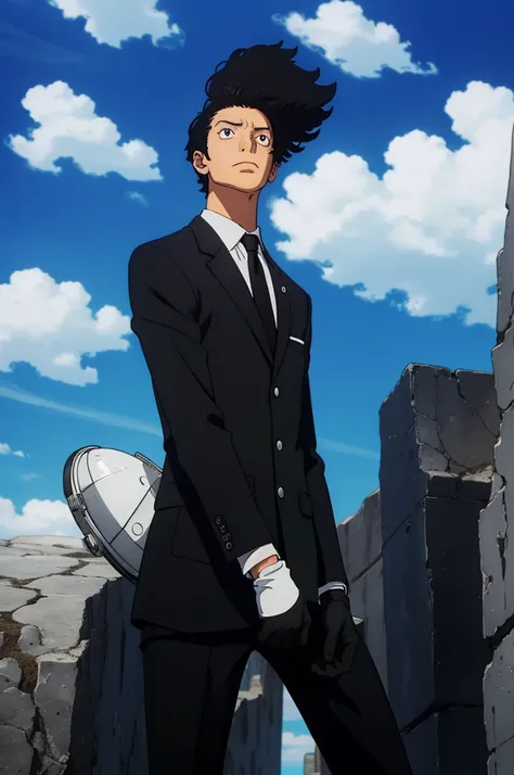 solo male, black hair, black eyes, Normal hair, black suit, black gloves,  looking at the sky