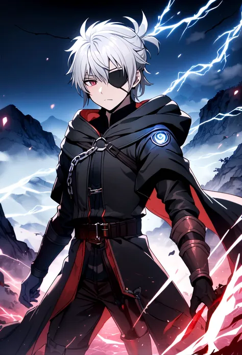 Anime character, a man, medieval era. Young man, 20 years old, large body, cold gaze, cold expression, white skin, short messy gray hair, ponytail, left eye patch, black clothes, black shirt, dark cape with hood, chains. frontal camera. Walking in a sea of...