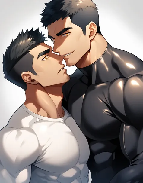 anime characters：Two superheroes in tights, Muscle superhero, negro black skin, They hugged and kissed each other, Bite your neck, Caress, Manliness, male focus, Yellow and black high collar long sleeve tight T-shirt, Slightly transparent material, Matte S...