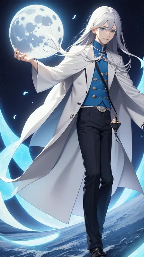 1 tall young man, silver hair, blue eyes, white skin, smile, long hair, floating in the air, short jacket, long trousers, holding a lantern, Chinese lantern, night, moon, blue lights flying