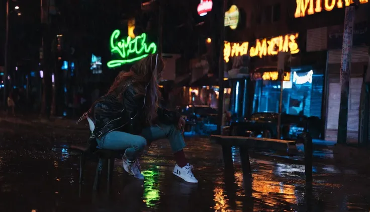 High definition photos. The sky is dark and full of dark clouds. A city full of neon signs on a dark night. There is standing water on the city streets. An 18-year-old girl sits forlornly on her bench. The girl looks at the sky with her face lifted and her...