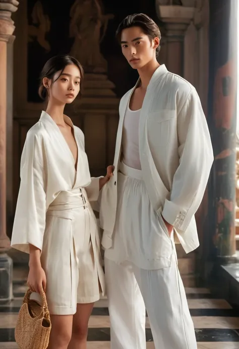 In a picturesque Chiang Mai setting, a young man and woman, both aged 18-25, showcase fashion white outfits inspired by Christian Diors resort collection, blending local culture and nature in elegant white rayon. Captured in a full-body pose, their presenc...