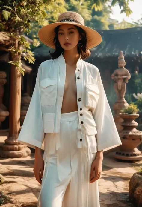 in a picturesque chiang mai setting, a young man and woman, both aged 18-25, showcase fashion white outfits inspired by christia...